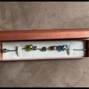 Authentic Pandora Snake Bracelet w/ 6 Pandora Charms (3 Safety Clips)
